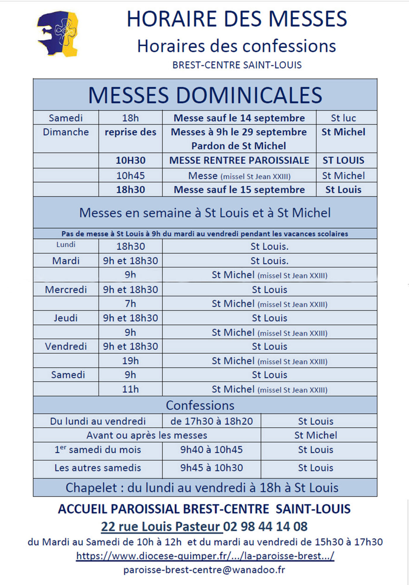 Horaires des messes dès septembre 2024 - Le Diocèse de Quimper et Léon